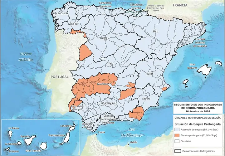 Mapa de la sequía en España según el MITECO.